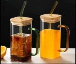 Creative Square Glass Mug 400ml – Modern Glass Cup with Straw & Wooden Lid